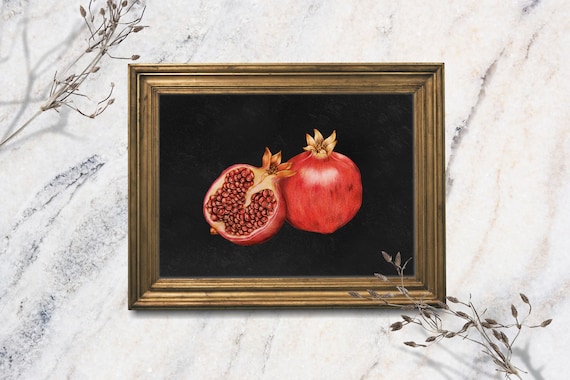 Moody Pomegranate Still Life Whole and Cut Fruit Botanical Oil Painting Print