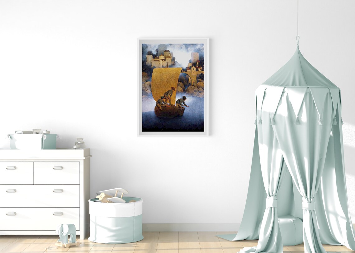 Dreamy Golden Sailboat Boys Castle Vintage Storybook Art Poster - Image 3
