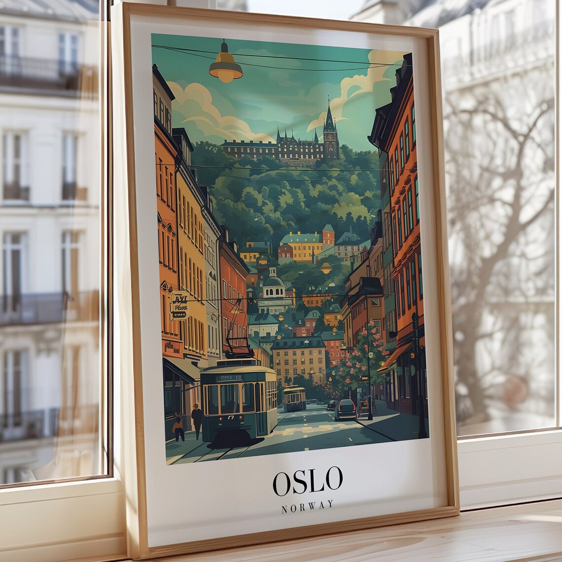 Oslo Norway Illustrated Tram Street Hilltop Castle Vintage Poster