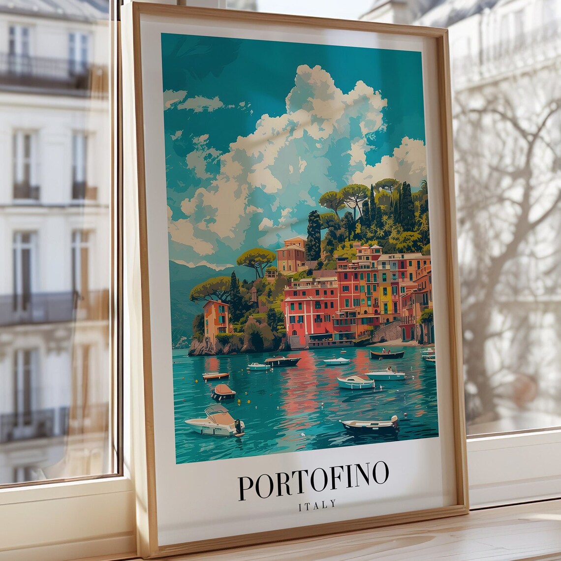 Portofino Italy Travel Poster Colorful Harbor and Fishing Boats Art