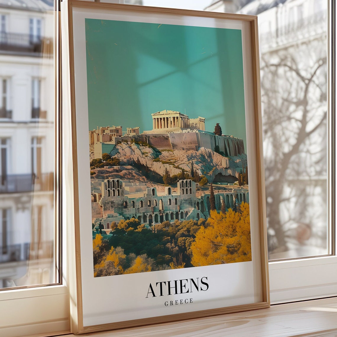 Athens Greece Acropolis at Night Teal Sky Landmark Travel Poster