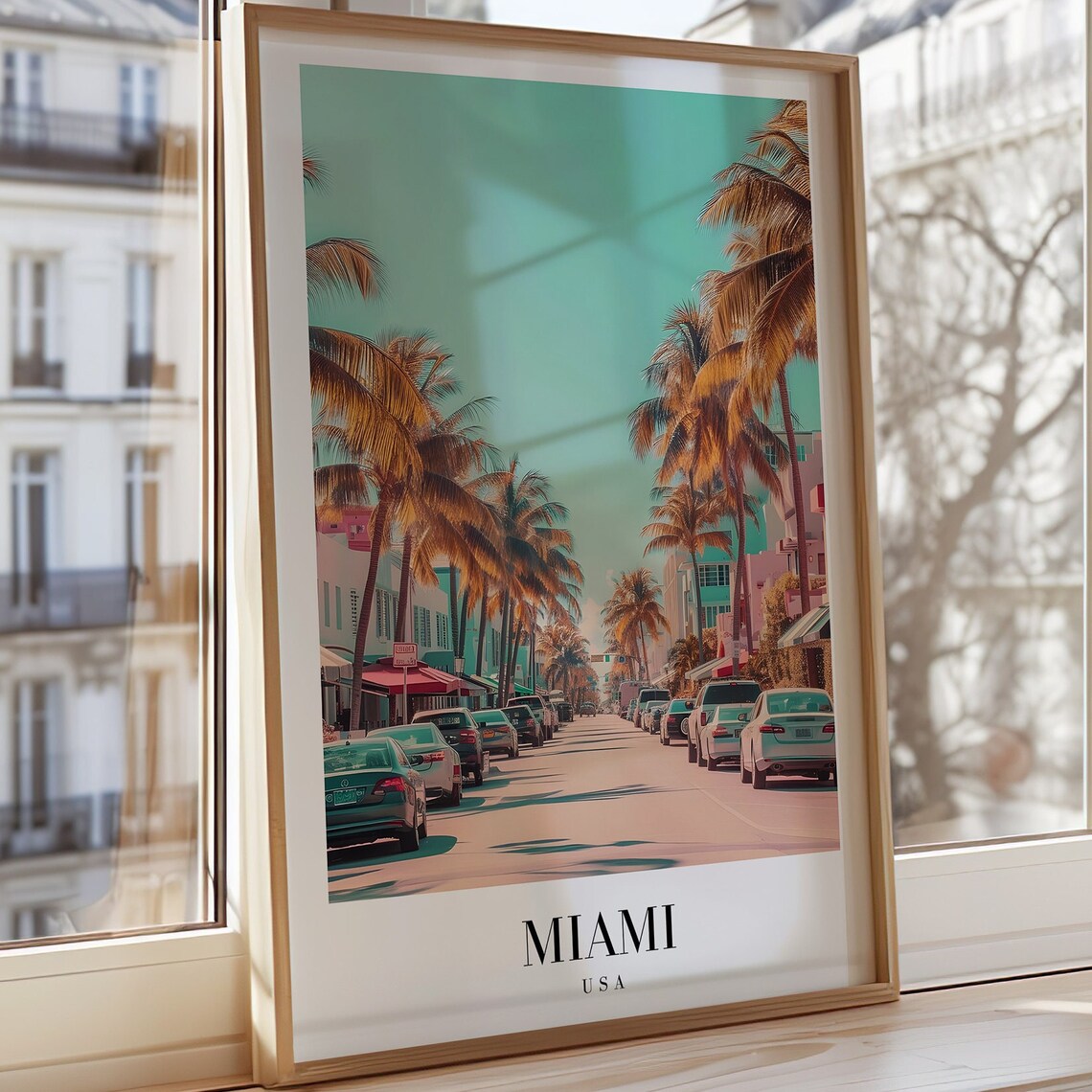 Miami USA Retro Palm Street Beach Scene Vintage Travel Poster
