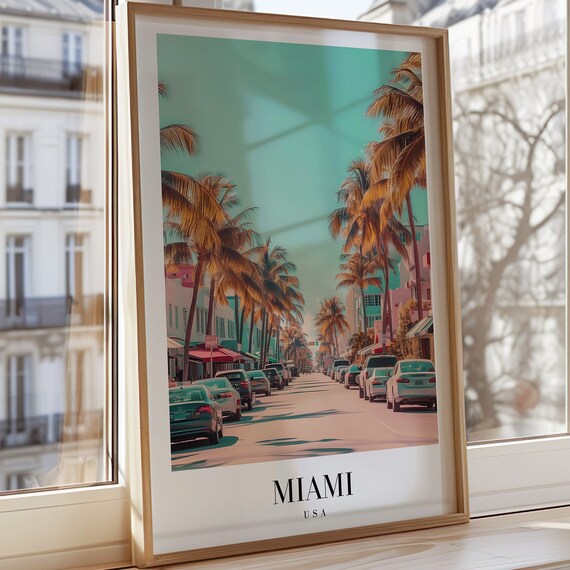 Miami USA Retro Palm Street Beach Scene Vintage Travel Poster