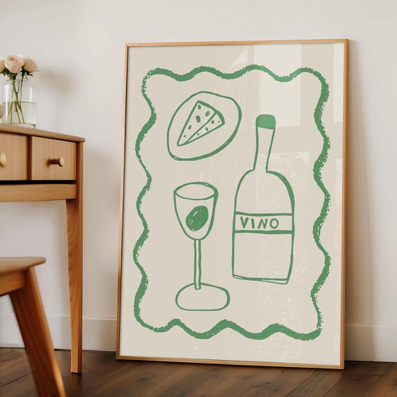 Vino Wine Bottle Cheese Poster Green Line Art Wavy Border Kitchen Decor