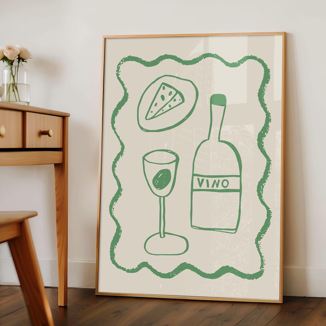 Vino Wine Bottle Cheese Poster Green Line Art Wavy Border Kitchen Decor