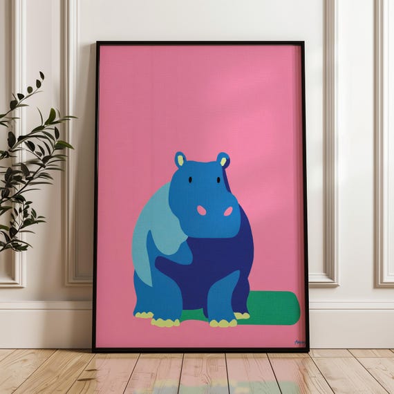 Minimal Hippo Art Print Modern Pop Poster Blue And Pink Wall Decor Playful Home