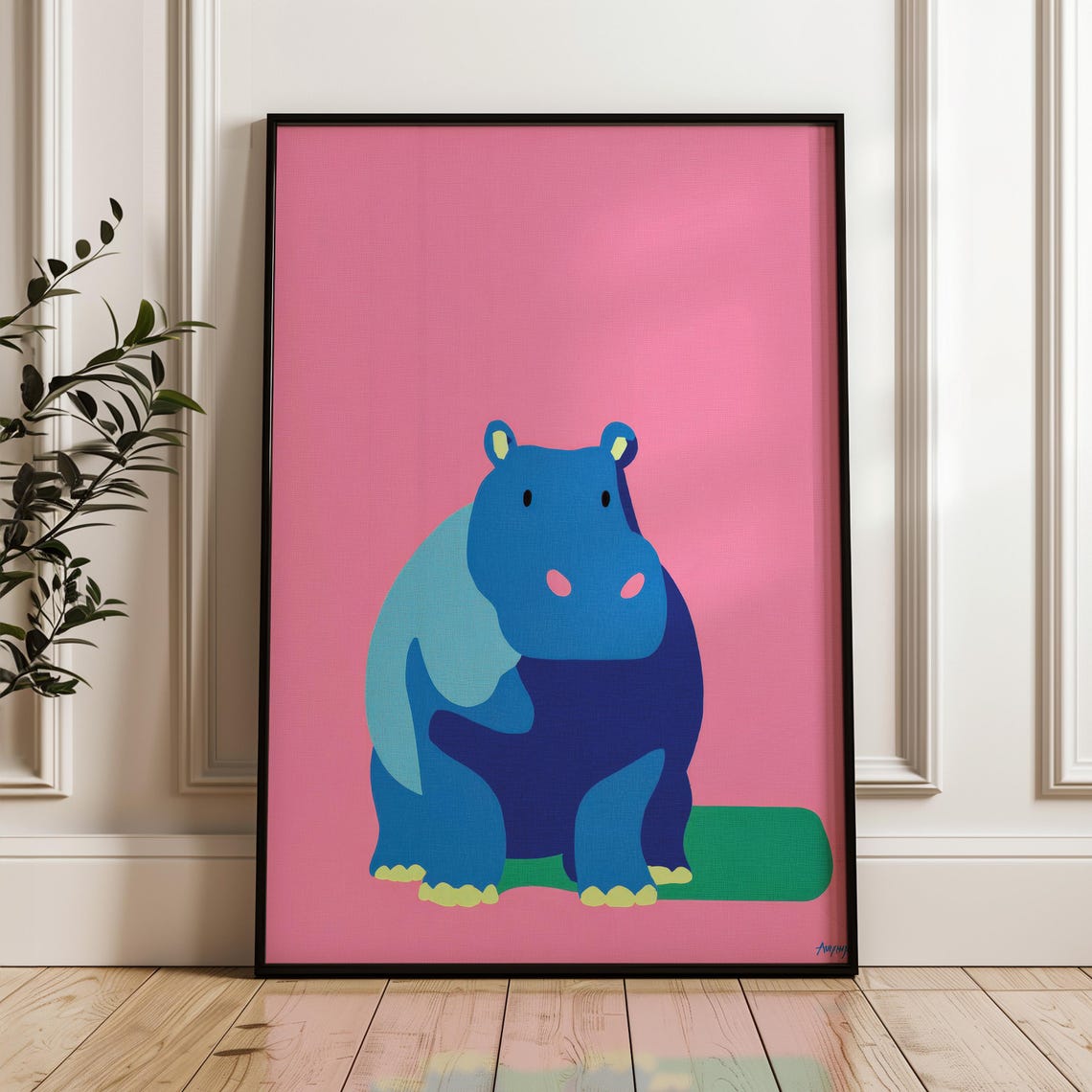 Minimal Hippo Art Print Modern Pop Poster Blue And Pink Wall Decor Playful Home