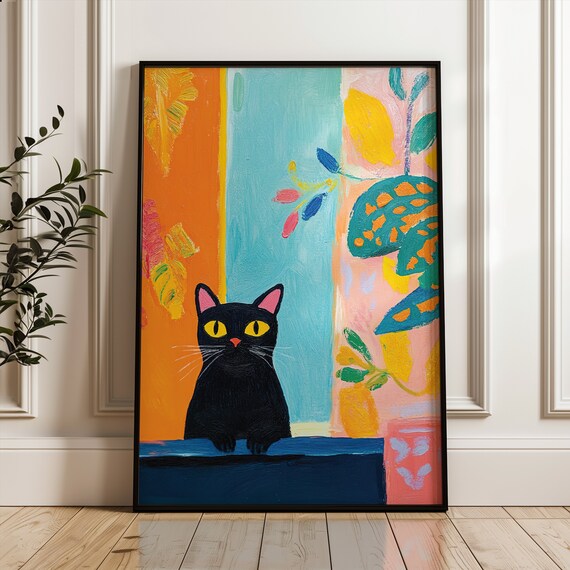Matisse Style Black Cat Bold Colorful Abstract Painting Art Print