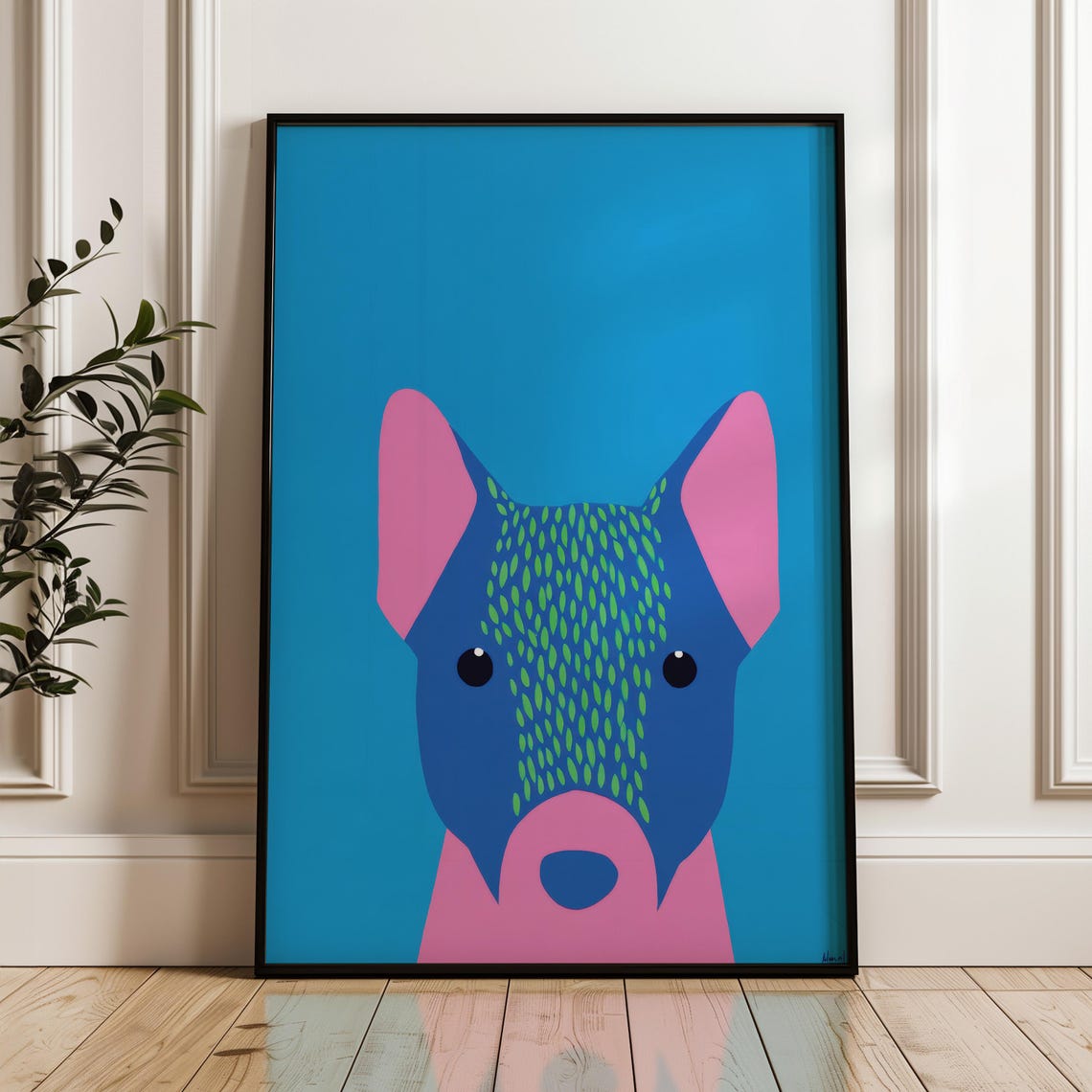 Modern Minimal Blue Dog Pop Art Poster with Pink Ears on Teal