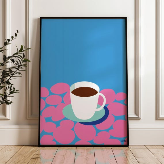 Minimal Coffee Art Print Modern Pop Poster Blue And Pink Wall Decor Playful Home