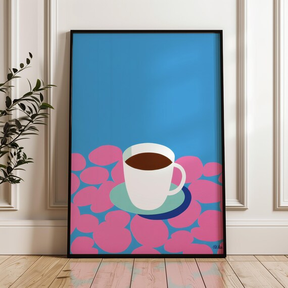 White Coffee Mug Minimal Pop Art Blue Pink Background Poster