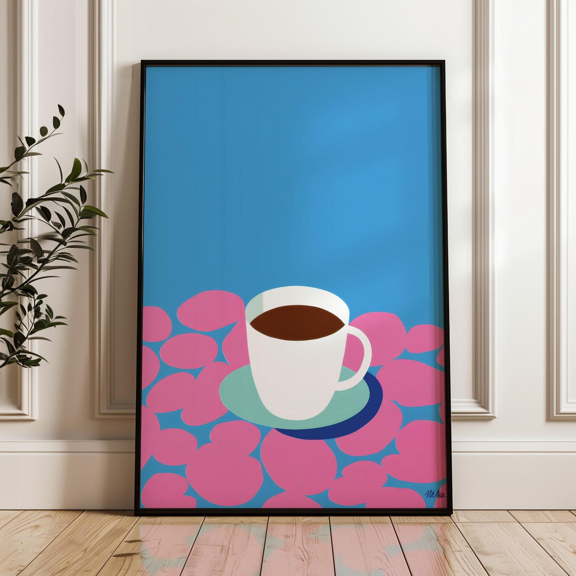 White Coffee Mug Minimal Pop Art Blue Pink Background Poster