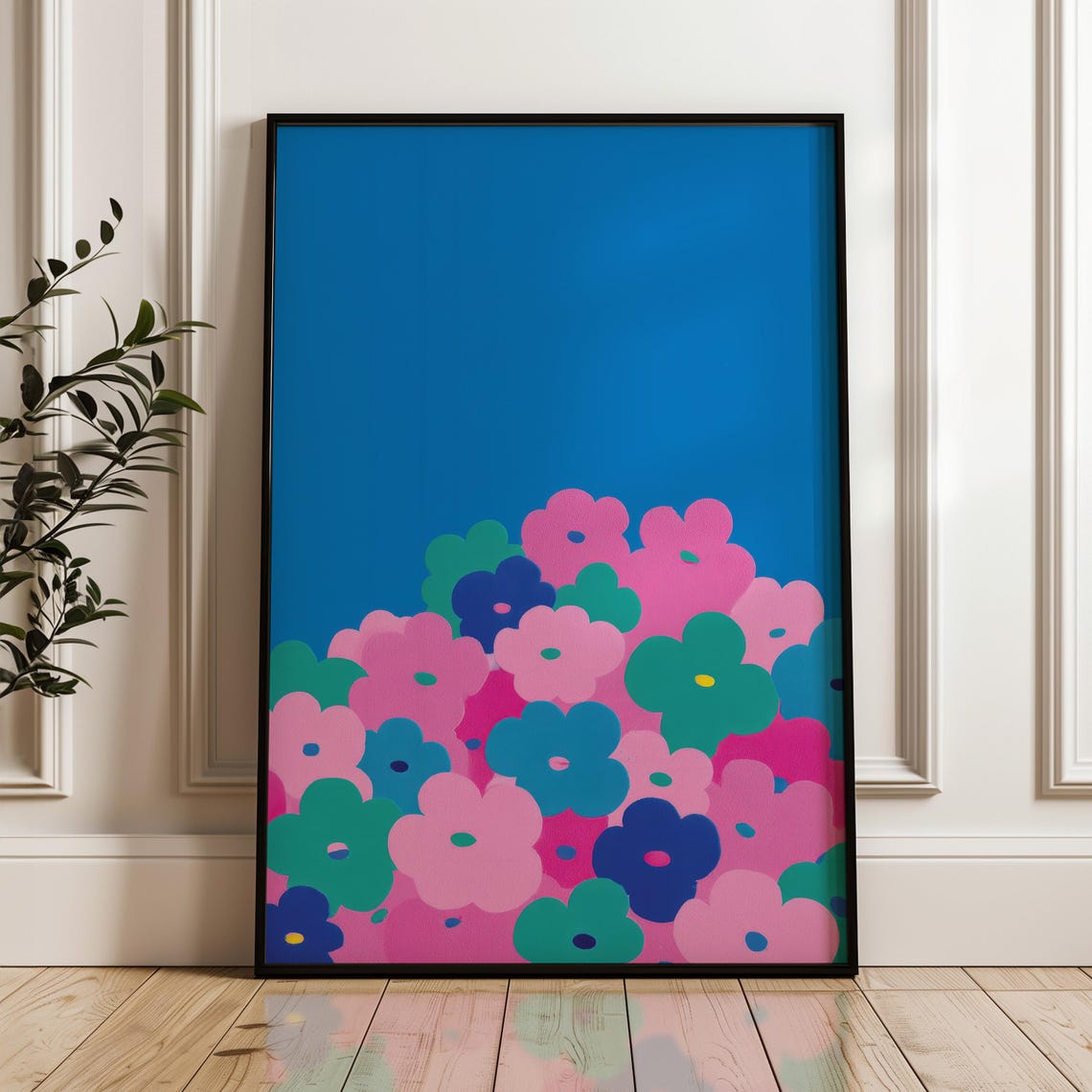 Colorful Daisy Meadow Blue Sky Minimal Pop Art Floral Poster