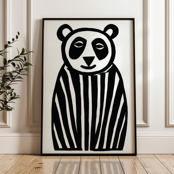 Minimalist Panda Poster Black And Beige Print Modern Organic Wall Art Scandinavian Home