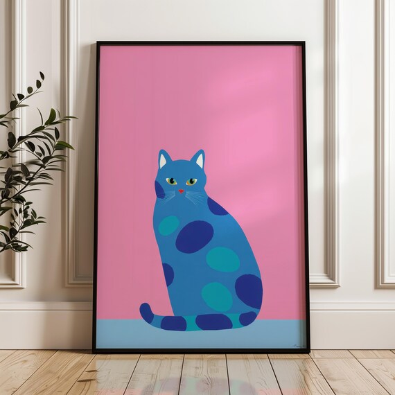Minimalist Blue Spotted Cat Pink Background Whimsical Pop Print