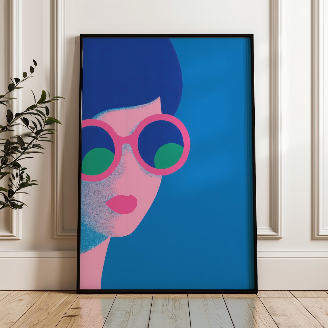 Stylish Modern Woman Pink Sunglasses Blue Pop Art Portrait Poster