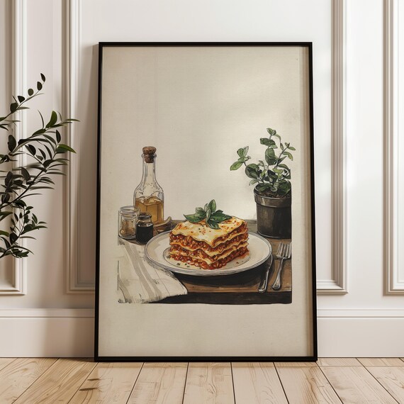 Rustic Lasagna Italian Dish Hand Drawn Watercolor Kitchen Poster