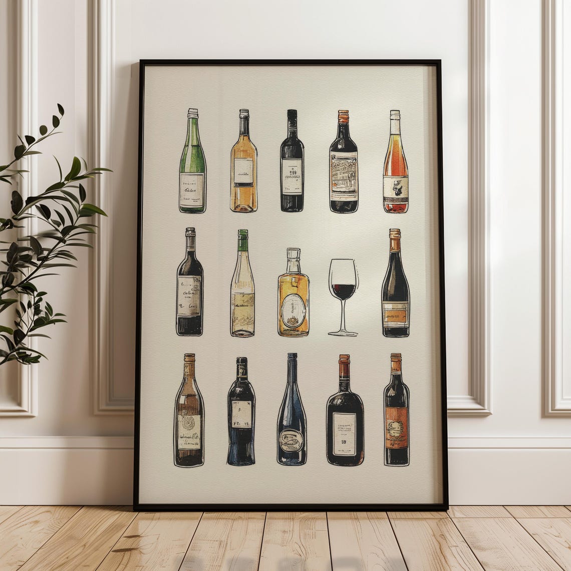 Wine Bottle Collection Hand Drawn Bar Wall Liquor Chart Art Poster