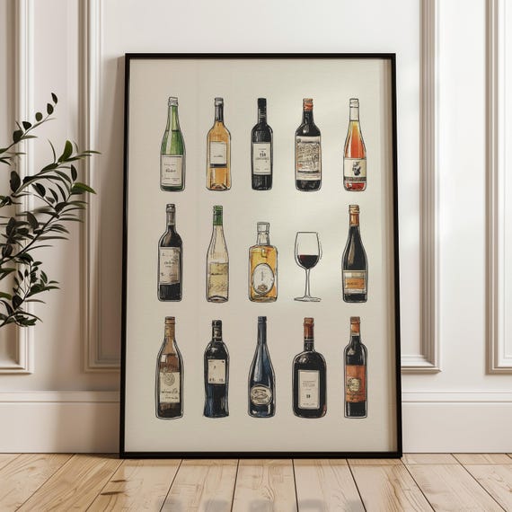 Liquor Selection Art Poster Handdrawn Bottles Illustration Print On Matte Paper