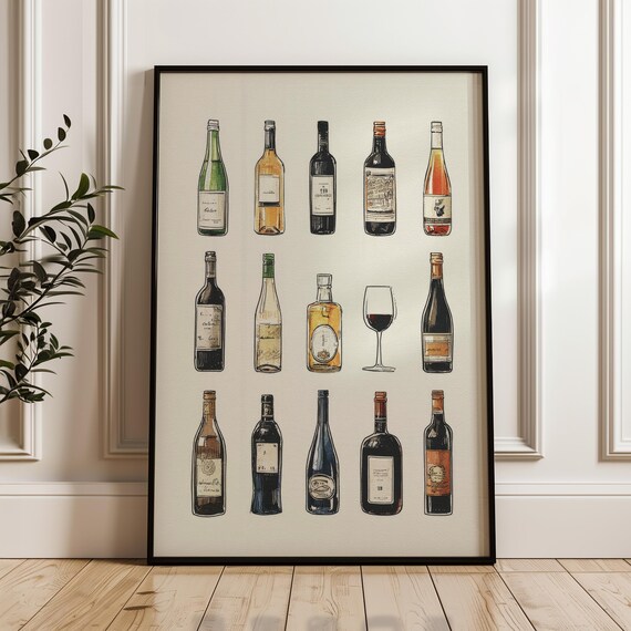 Wine Bottle Collection Hand Drawn Bar Wall Liquor Chart Art Poster