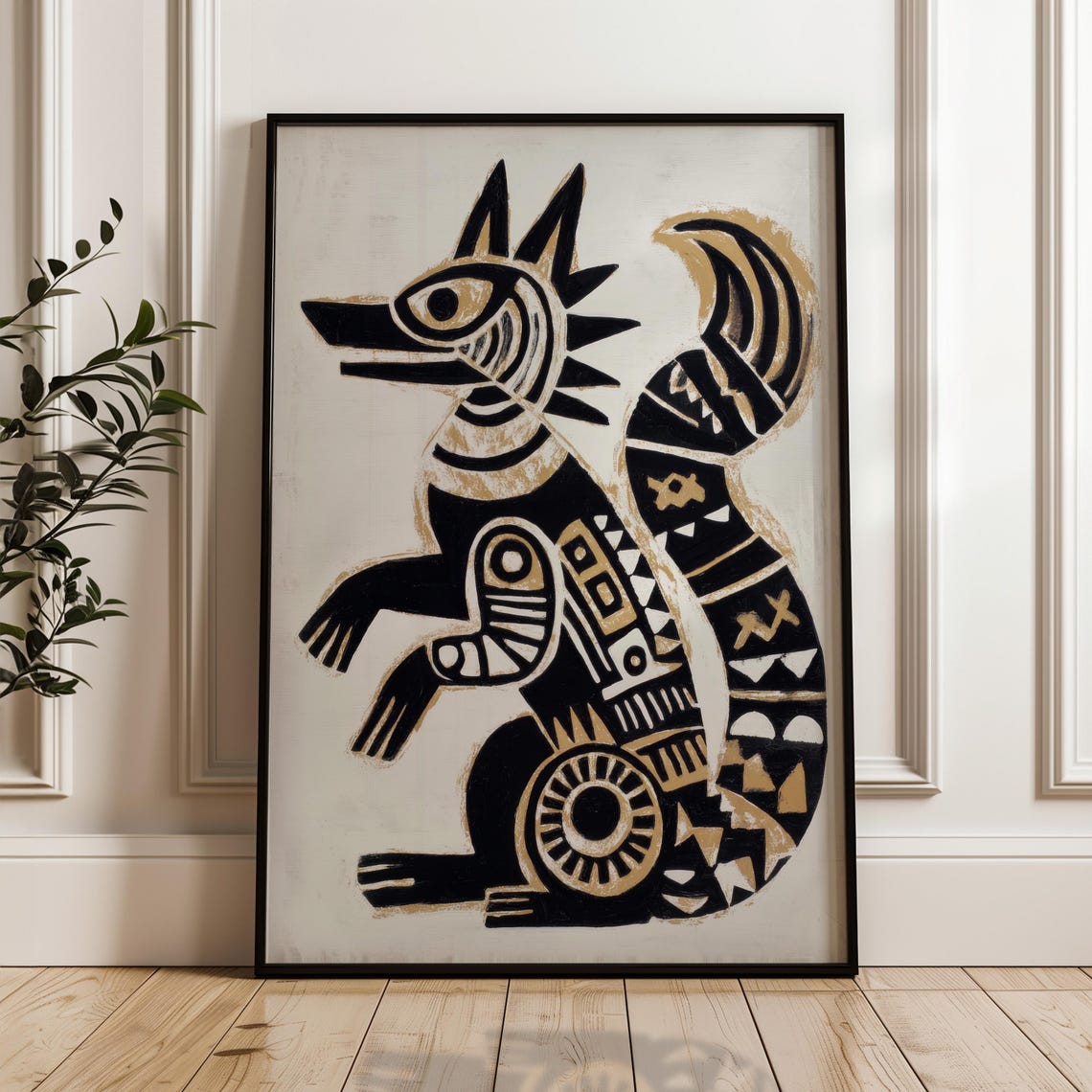 Black Gold Geometric Fox Coyote Folk Style Abstract Art Poster