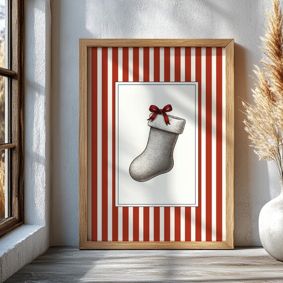 Christmas Stocking Red Stripes Vintage Holiday Stocking Sketch Poster