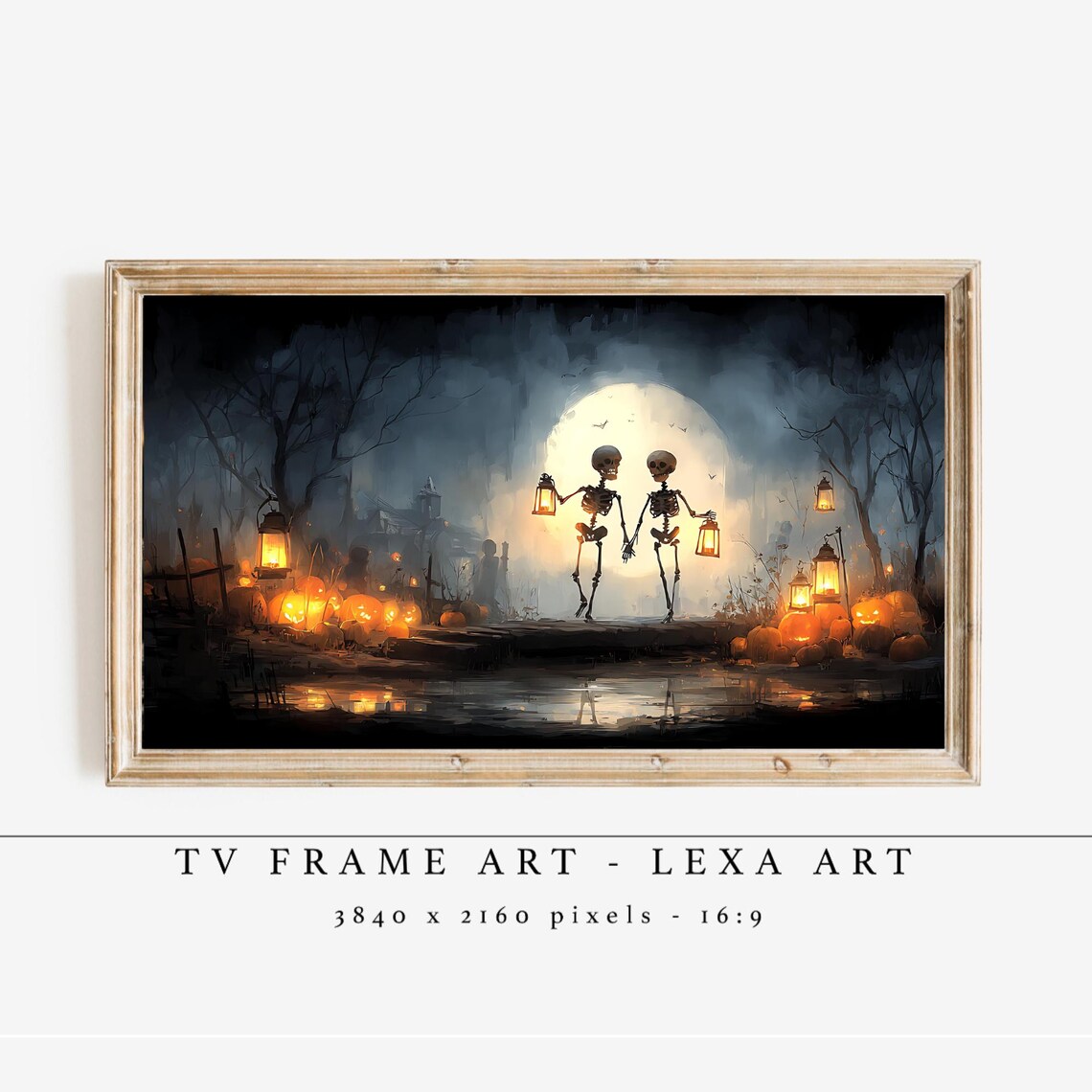 Halloween Tv Frame Art Skeleton Couple Spooky Pumpkin Lantern Haunted Forest Samsung Dark Academia