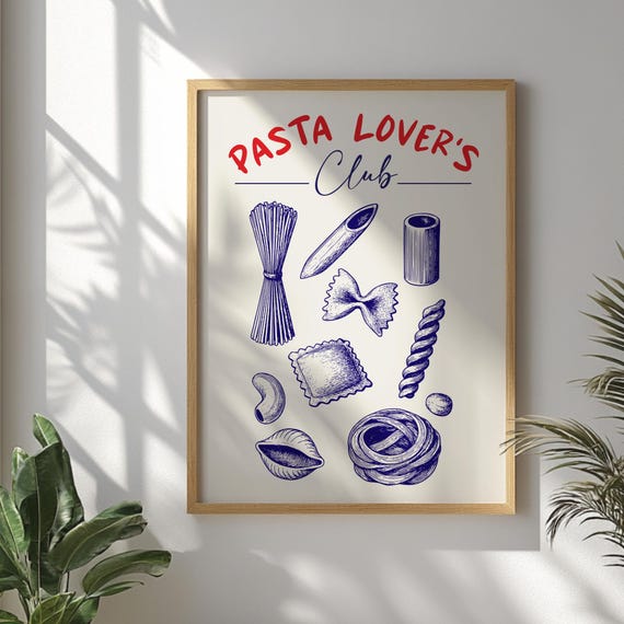 Pasta Lovers Club Wall Art Kitchen Decor Italian Food Lover Gift Cute Noodle Poster For Dining Room Or Cafe Illustration