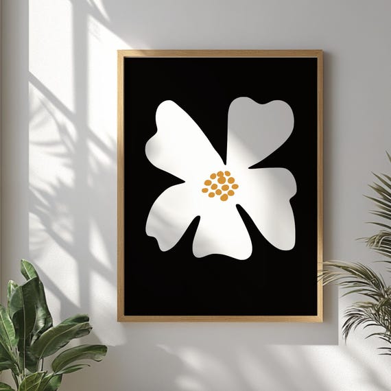 Large White And Black Floral Wall Art Boho Illustration Print Minimalist Botanical Poster Flower Decor For Bedroom Or Living Room