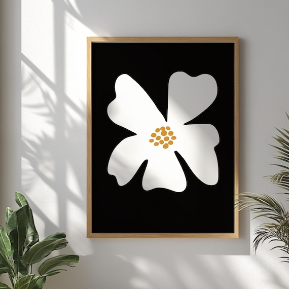 White Abstract Flower Black Background Minimalist Art Poster