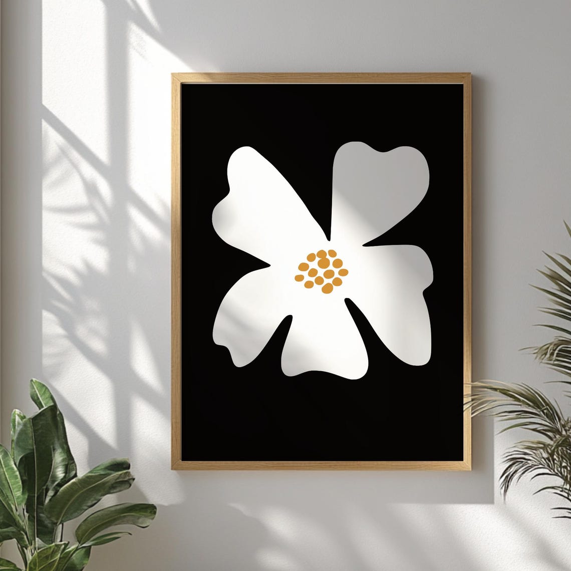 White Abstract Flower Black Background Minimalist Art Poster