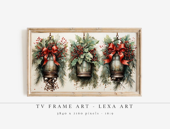 Hanging Christmas Lanterns Holly Berries Red Bows Vintage TV Art Poster