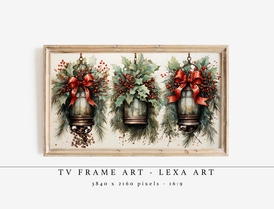 Hanging Christmas Lanterns Holly Berries Red Bows Vintage TV Art Poster