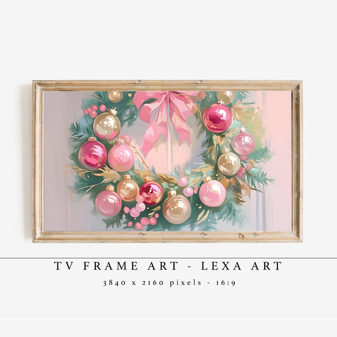 Pink Christmas Wreath Painting Gold Baubles Bow Pastel Holiday Poster