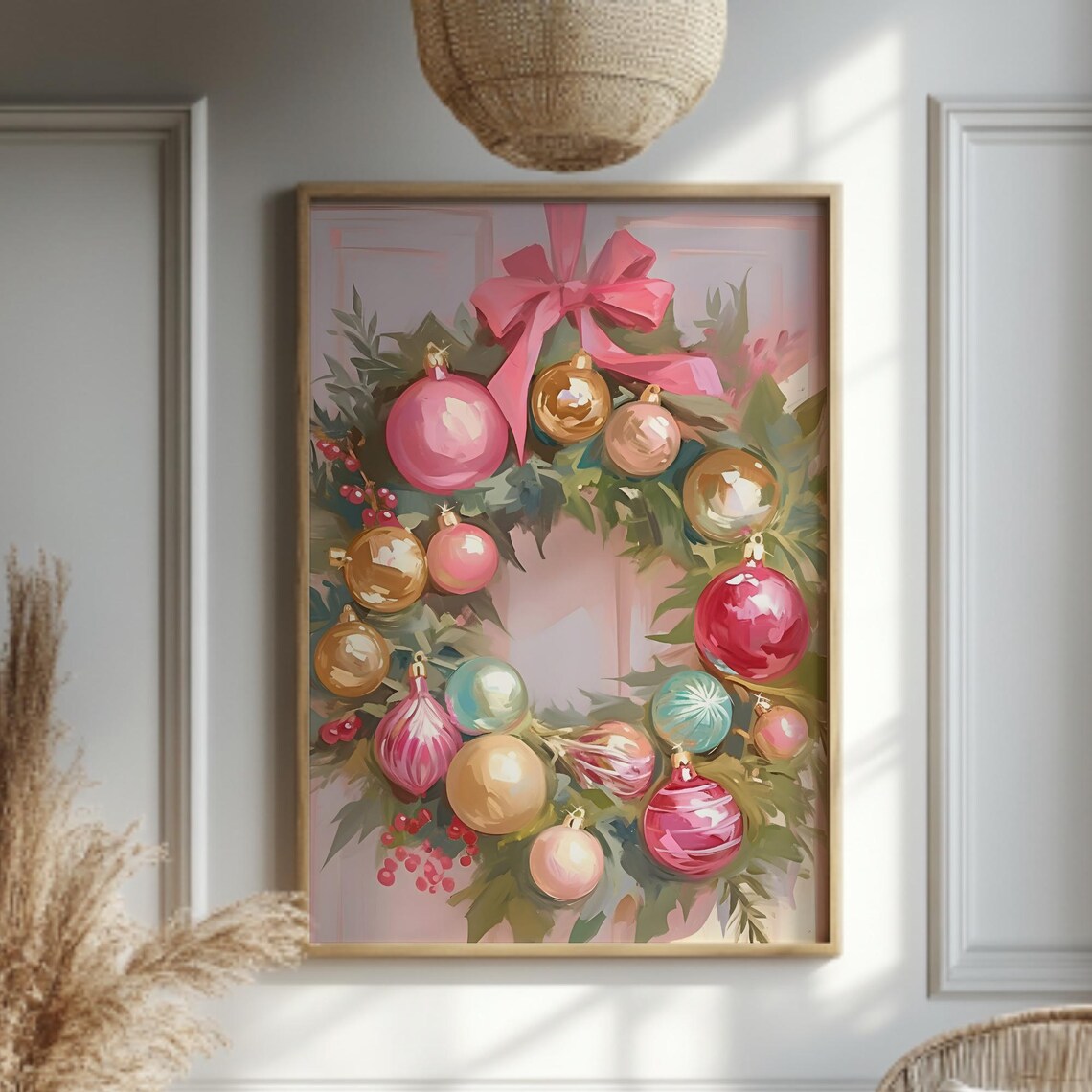 Pink Christmas Snow Globe Holiday Oil Painting Print