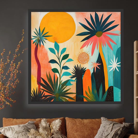 Tropical Wall Art Print Framed Botanical Poster Abstract Sun And Plant Boho Living Room Decor Mid Century Modern Artwork