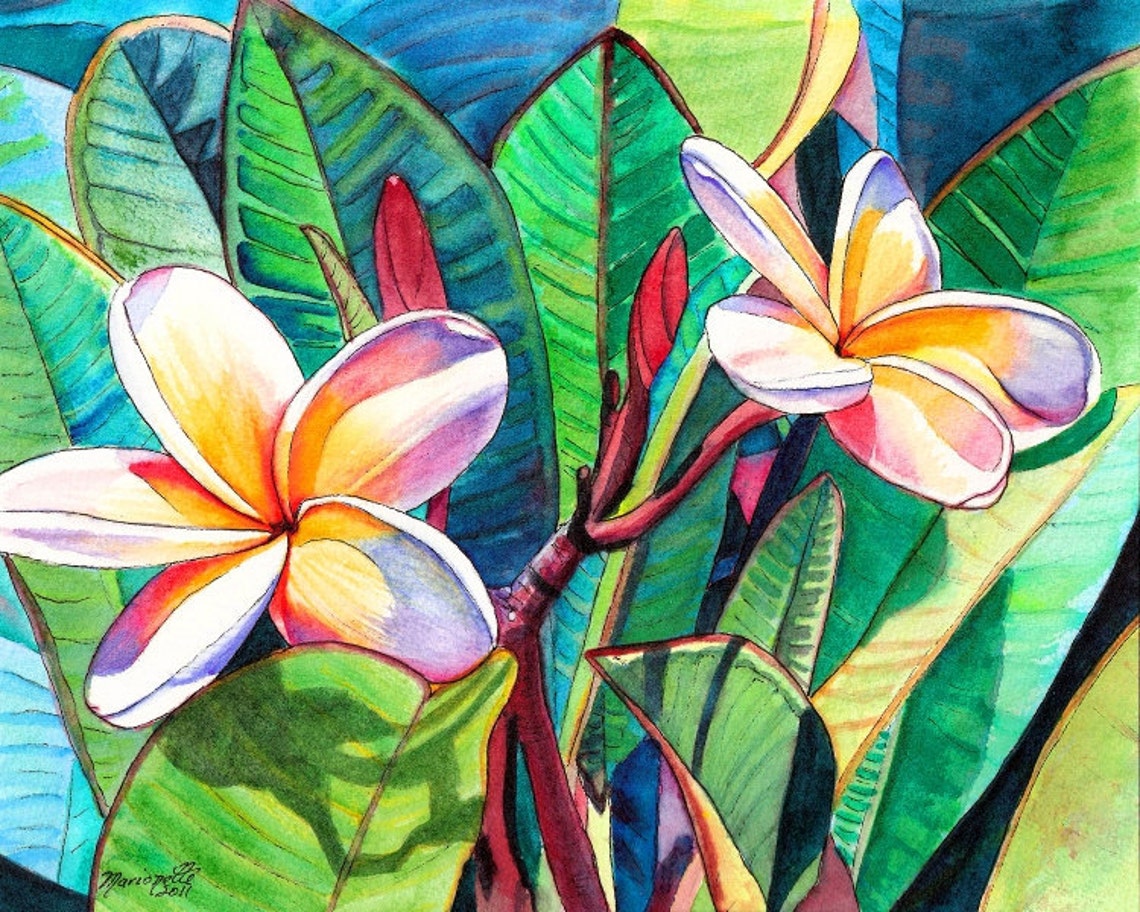 Plumeria Garden White Yellow Flowers Green Leaves Watercolor Art Print