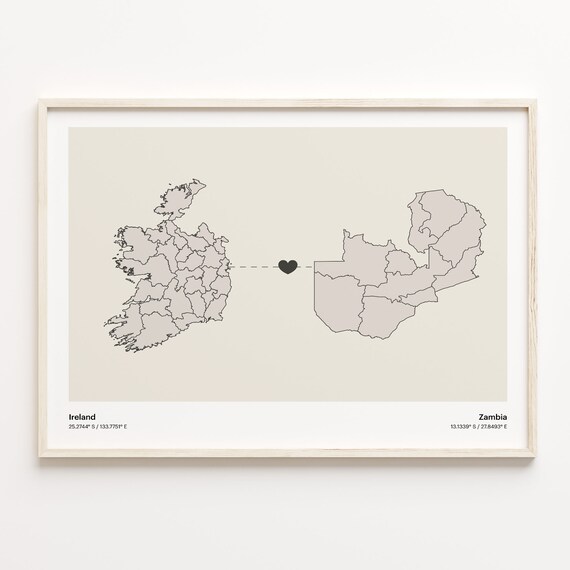 Ireland and Zambia Long Distance Heart Connection Map Poster