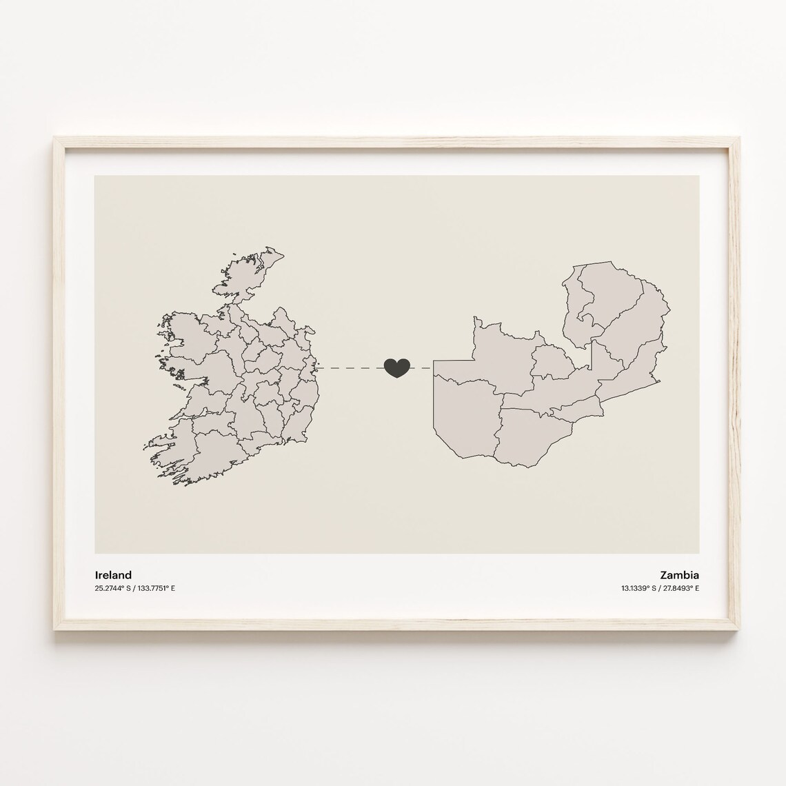 Ireland and Zambia Long Distance Heart Connection Map Poster