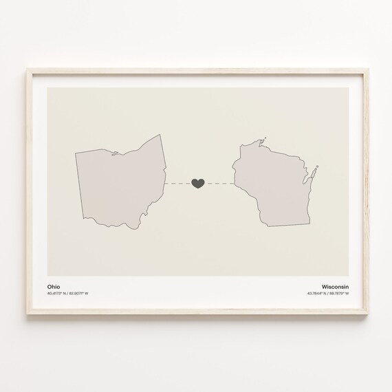 Ohio To Wisconsin Heart Connection Minimalist Beige Map Poster