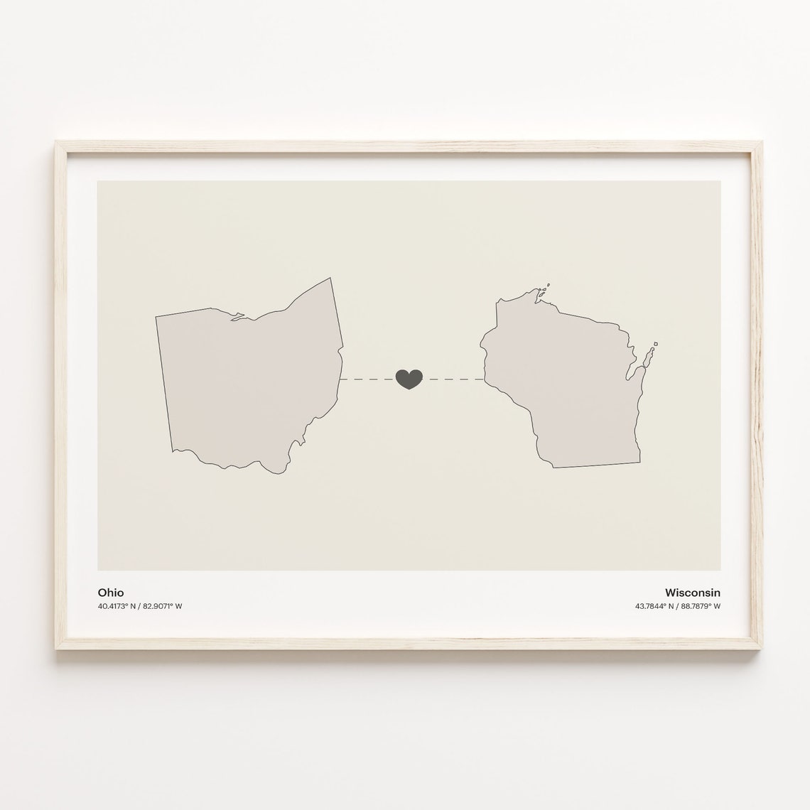 Ohio To Wisconsin Heart Connection Minimalist Beige Map Poster