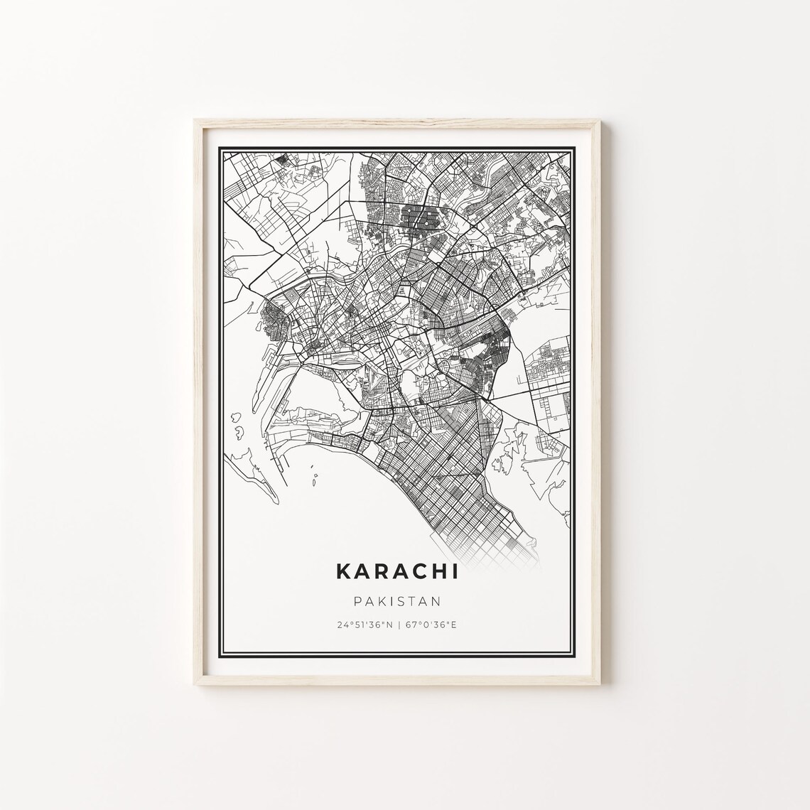 Karachi City Map Art Print, Modern Black And White
