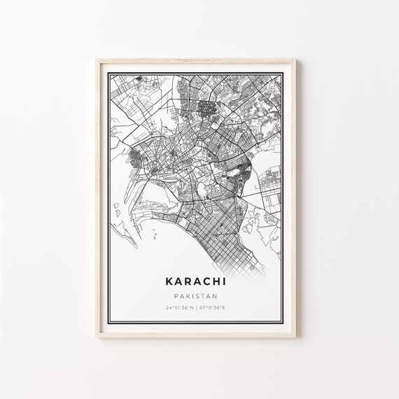 Karachi City Map Art Print, Modern Black And White