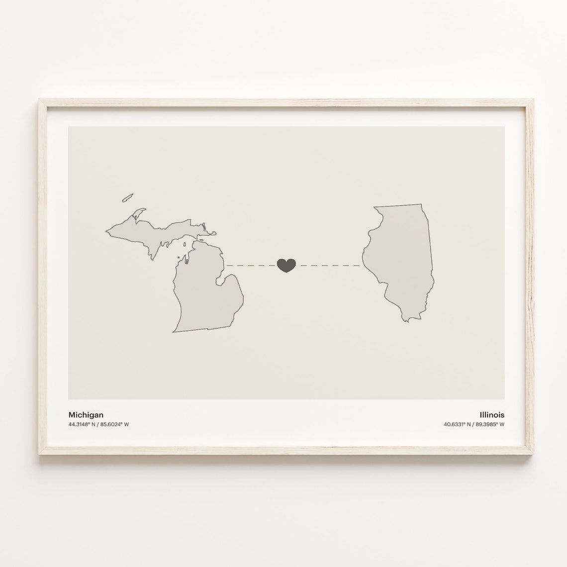 Michigan to Illinois Connection Map Poster Heart Between Two States