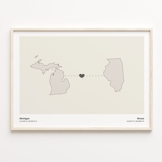 Michigan to Illinois Connection Map Poster Heart Between Two States