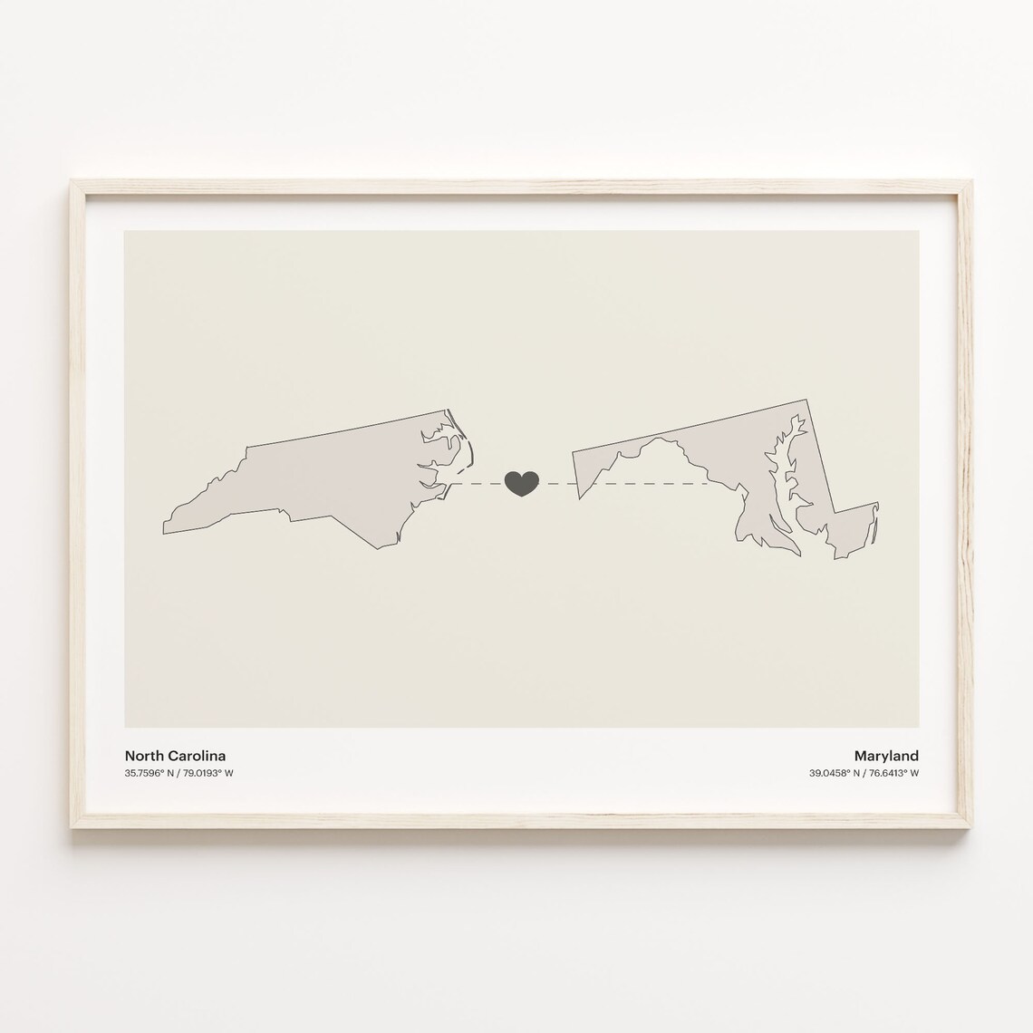 North Carolina to Maryland Minimalist Long Distance Connection Map Poster