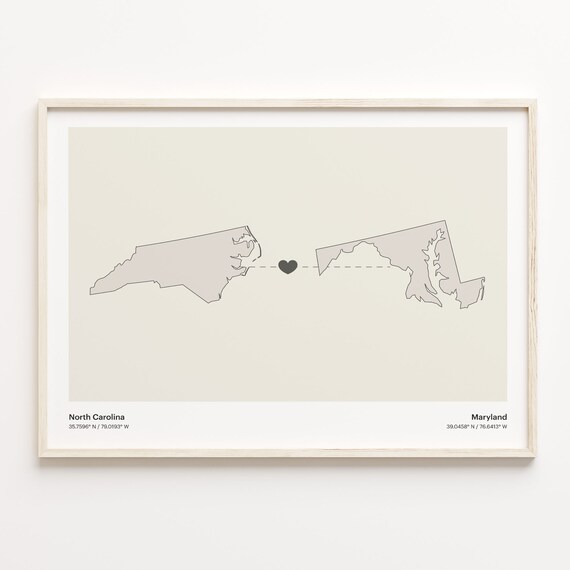 North Carolina to Maryland Minimalist Long Distance Connection Map Poster