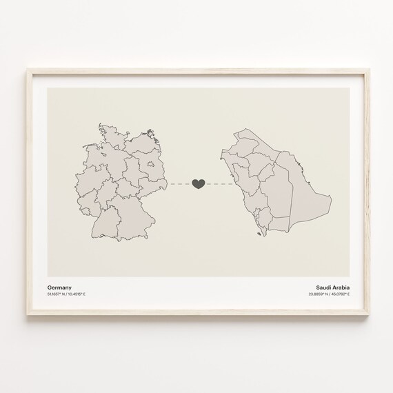 Germany to Saudi Arabia Heart Country Connection Minimalist Map Poster