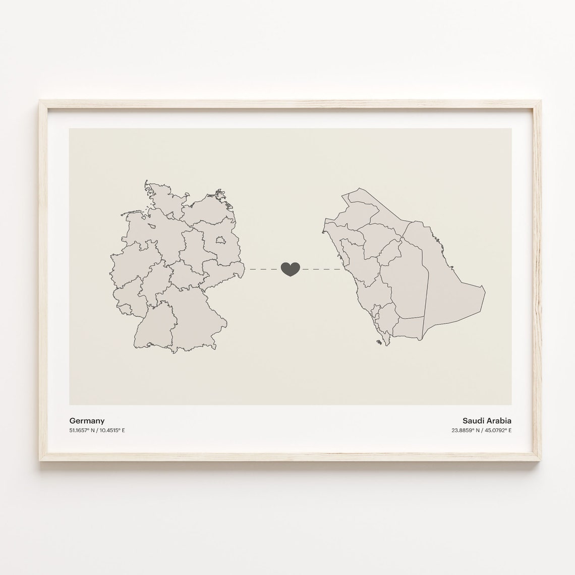 Germany to Saudi Arabia Heart Country Connection Minimalist Map Poster