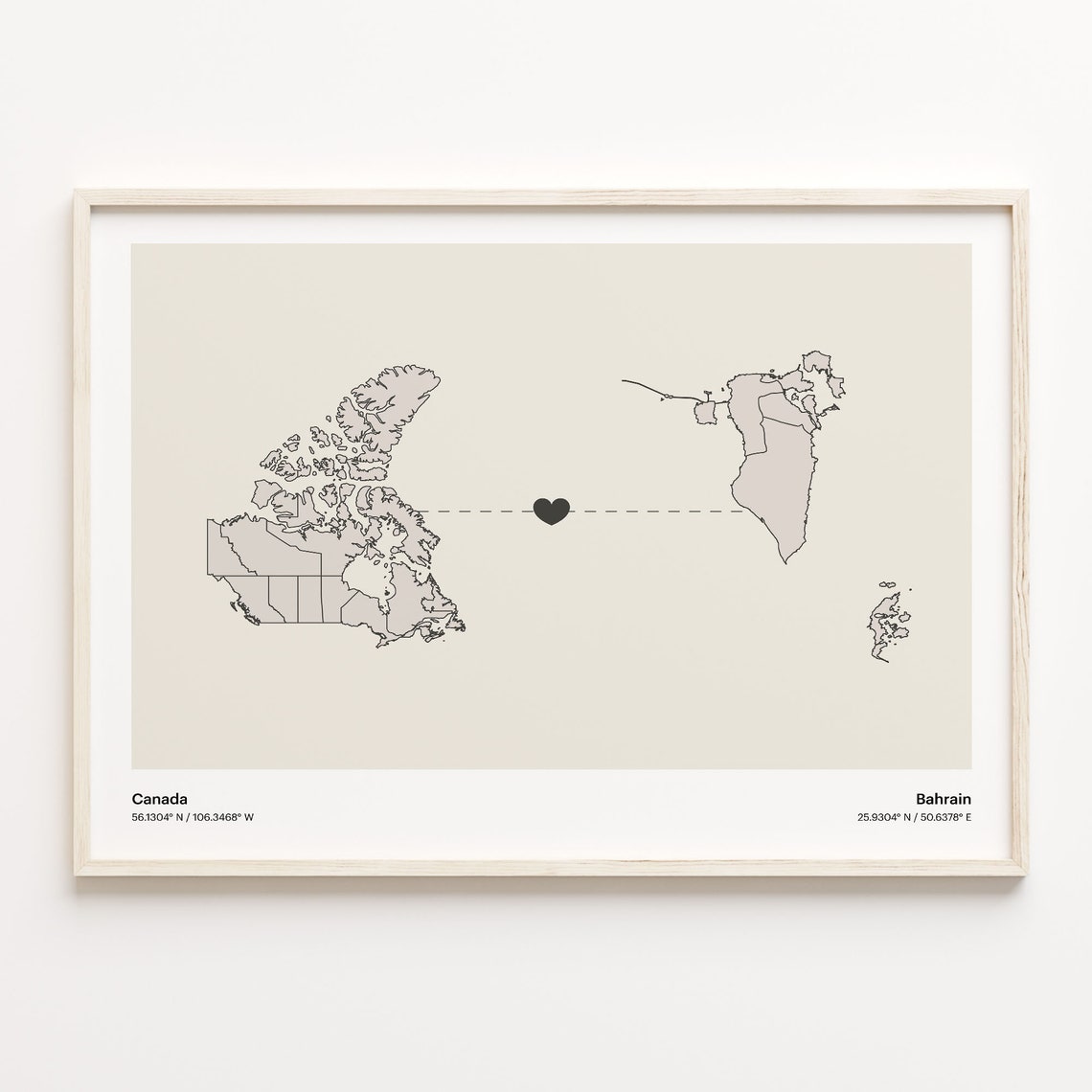 Canada To Bahrain Long Distance Love Minimalist Map Art Poster
